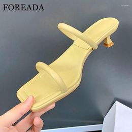 Slippers FOREADA Women Slides Square Toe Thick Mid Heels Sandals Concise Design Ladies Fashion Casual Shoes Summer Yellow 40