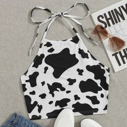 Women's Tanks Camis Womens summer top milk cow print black and white cute crop top Camis Kawaii strapless collar top Cami Strwear Y2k Egirls Y240420