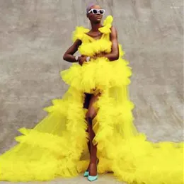 Casual Dresses Trendy Bright Yellow Ruched Tulle High Low Women To Party Bow Straps Long Maxi Gowns Maternity Tutu Robe