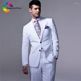 Men's Suits White Linen Wedding Men Groom Wear Slim Fit Tuxedos 2 Pieces (Jacket Pants) Bridegroom Prom Blazer Custume Homme