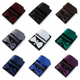 Tie Set For Men Necktie 75cm Solid Colour Luxury Suit Bowtie Pocket Square Cufflinks Bow Wedding Gift Cravat 240415