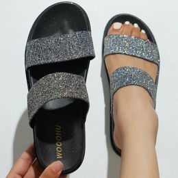 Slippers Elastic Band Women's Slipper Sequin Glitter Shoes Female Korean Casual Beach Holiday Indoor Home Non-Slip Thick Sole