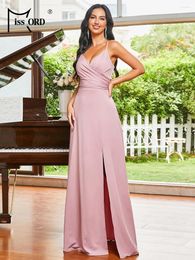 Casual Dresses Missord 2024 Pink Spaghetti Strap Women Bridesmaid Dress Elegant V Neck Split A-line Maxi Evening Party Prom Long Gown
