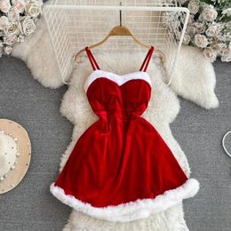 Casual Dresses Christmas 2024 Autumn Winter Women Sexy Red Spaghetti Strap Dress Short Fashion Maomao Stitching Slim A-line Robe Clothing