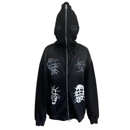 Men's Hoodies Biochemical Skull Heavyweight Washed Damaged Zipper Loose Hooded Coat Sweatshirt For Men And Women