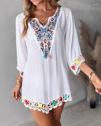 Casual Dresses Women's Dress 2024 Summer Butterfly Floral Embroidery Hollow Out Pom Tied Detail Three Quarters Sleeve Straight