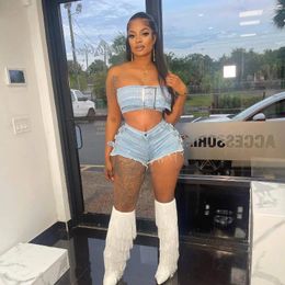 Women's Tracksuits 2024 Summer Denim Women Set Sleeveless Strapless Tops And Diamond Jeans Shorts Streetwear Two 2 Piece Sets Outfit