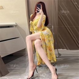 Casual Dresses Yellow Shirt Golden Flower French Style Printing Wrapped Holiday Ladies Long Skirt