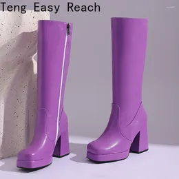 Boots Women Knee High Platform Candy Colour Red Green Purple Patent Leather Chunky Heels Sexy Party Club Lady Zipper Shoes