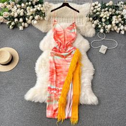 Casual Dresses Summer Vintage Pure Desire Spice Girl Style Tie-Dye Sling Dress Fashion Women Split Waist Design Elegant Long Vestidos