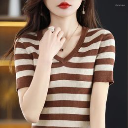 Women's T Shirts Summer Short Sleeved Pure Cotton Striped Slim Fit Pullover T-shirt Knitted Casual Comfortable Sweater For Women