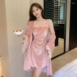 Women's Sleepwear Vintage Golden Velvet Nightgowns Sexy Pyjamas Lace Slip Nightdress Loungewear Women Nighty For Ladies Sleeping Dress