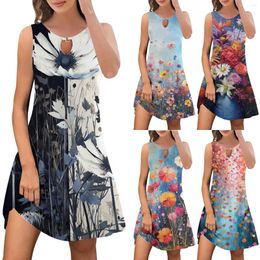 Casual Dresses Suitable Summer For Women Trendy Boho Floral Print Cover Up Crew Neck Sleeveless Sundresses