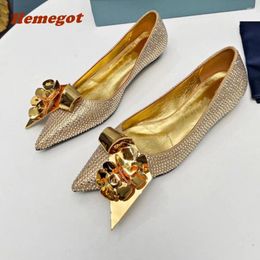 Dress Shoes Gold Flower Rhinestones Pumps Runway Party 2024 Pointy Toe Flat Shallow For Women Elegant Solid Summer Bling