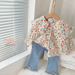 Clothing Sets 2024 Autumn Girls' Cute Small Floral Flip Collar Shirt Flare Jeans Set