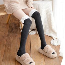 Women Socks Winter Vertical Stripe Plush Stockings Cute Lolita Warm Knee High Tights Elastic Kawaii Lamb Fur Wool Ball Calf