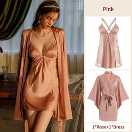 Women's Sleepwear Summer Women Pajamas Bathrobe Gown Suit Sexy Lingerie Lace Robes Kimono Nightgowns Silky Satin Nightdress Loungewear