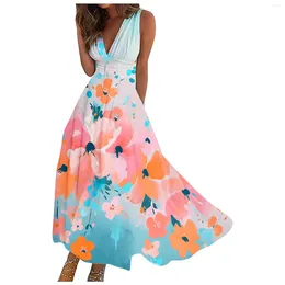 Casual Dresses Ladies Fashion Printed Tank Long Dress Summer Women Sleeveless Deep V-Neck Maxi Female A-Line Boho Style Backless