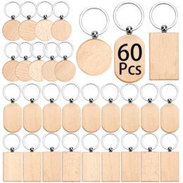 Keychains 60Pcs Blank Wooden Key Chain Unfinished Wood Slices Keychain Keyrings DIY Tag For Arts Craft Christmas Ornaments