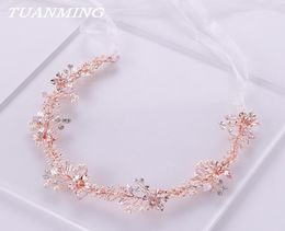 2021 Rose Gold Flower Pearl Headband Jewellery Tiara Wedding Bridal Princess Hair Crystal Bride Headdress3034027