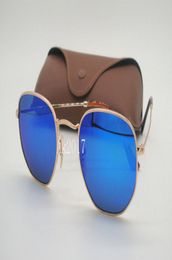 1Pair Mens Womens Hexagonal Metal Sunglasses Irregular Personality Sun Glasses Gold Frame Blue Mirror Glass Lenses 51MM With Brown2560058