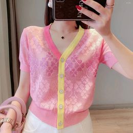 Women's Knits Women V-Neck Printed Flowers Knitted Sweaters Cardigans Lady Thin Knitting Tops Summer Slim Sweet Cardigan For Female
