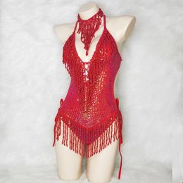 Stage Wear Shiny Costume For Women Red Beading Sequin Tassel One-Piece Bodysuit Sexy Clubwear Party Outfit Performance Dance Clothes