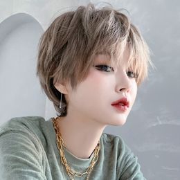 Short pixie cut human hair wig with bangs glueless high-definition lace front wig unisex matte high temperature silk linen brown black tea wig wholesale hair products