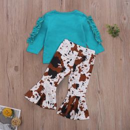 Clothing Sets Western Toddler Baby Girl Clothes Letter Crewneck Sweatshirt Top Cow Print Flared Pants Set 2PCS Bell Bottom Outfits