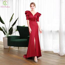 Party Dresses Clearance Satin Evening Dress Bride Banquet Elegant Simple Wine Red Half Sleeve Sweep Train Mermaid Formal Gown Vestido De