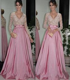 Pink Prom Dresses Long Sleeves 2021 Sparkly Sequins Lace Applique Satin Ribbon Floor Length Sexy Deep V Neck Custom Made Evening P2328036