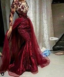 2020 New Burgundy Sequined Floral Lace Mermaid Prom Dresses With Detachable Train Modest Full Sleeves Prom Gowns Muslim Formal Dre4722826