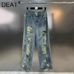 Women's Jeans Tie Dye Broken Hole For Women 2024 Summer Fashion High Wiast Straight Denim Pants Vintage Trendy Female 33A1269