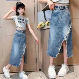 5 6 7 8 9 10 11 12 13 Year Teen Girls Denim Skirt Fashion Korean Version Split Long Skirt Children Clothing Birthday Present 240412