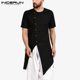 Clothing Incerun Men Shirt Indian Clothes Solid Colour 2023 Short Sleeve Button Vintage Kurtas Streetwear Muslim Irregular Long Shirts Men