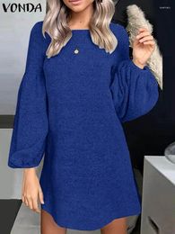 Casual Dresses VONDA Elegant Solid Color Mini Dress Women's Autumn Fashion Sundress 2024 Long Lantern Sleeve Sweatshirt Loose Vestidos