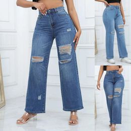 Women's Jeans Wide Leg Ripped Spring Summer High Waist Stretch Distressed Denim Pants Trousers Casual Streetwear
