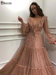 Party Dresses Dazzling Sequin Arabic Evening Dress 2024 Blush Pink A-Line Long Sleeves Prom V-Neck Ruffles Sexy Gown