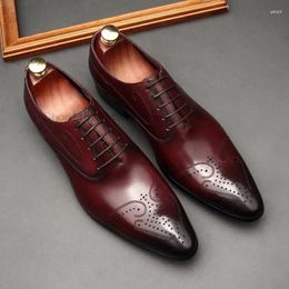 Dress Shoes Fashion Men's Oxford Genuine Leather Lace Up Party Office Formal Black Wine Red Designer Wingtip For Men