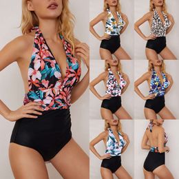 Sexy Large Chest Gathered Deep V Backless Jumpsuit for Women's Swimwear, Plus Size Asian Print Mason