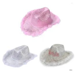 Berets Shimmering Sequins Cowboy Hats With Plush Trim For Banquets Party Adult Teen Taking Po