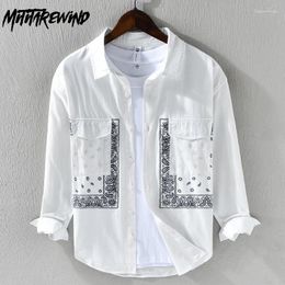 Men's Casual Shirts Cotton Men Long Sleeve Streetwear Youth Top Causal Loose White Printed Shirt With Pocket 2024 Fashion Male