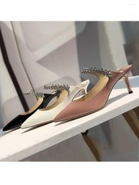 Slippers High-heeled Pointed Baotou Half Support Shoes Women's Summer Leather White Thin Heel Sexy Flat Bottom Sandals With Back Air