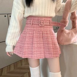Plaid Skirt Korean Fashion with Belt Pleated Women All-Match Pink High Waist Mini Street s Woman Skirts Falda 240418