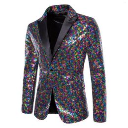 Men's Suits Shiny Sequin Suit Jacket Stage Performance Coat White Silver Blue Red Purple Blazers V-neck Single Button