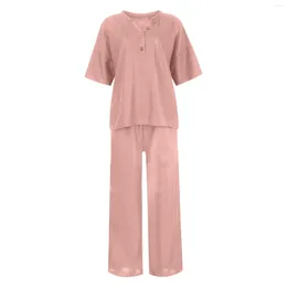 Women's Pants Two-piece Half-sleeved Button-down Top Wide-leg With Pockets Home Casual Solid Colour Suit Ropa De Mujer Ofertas