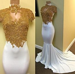 Luxury Golden Lace Applique Prom Dresses High Neck Cap Sleeves Bead Mermaid Sweep Train Party Gown 2018 New Evening Dresses Robe D3418768