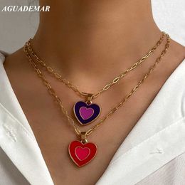 Pendant Necklaces Trendy Enamel Dripping Oil Heart Pendant Chain Necklace For Women Girl Glazed Double Layer Heart Clavicle Chain 2021 New Jewellery Y240420