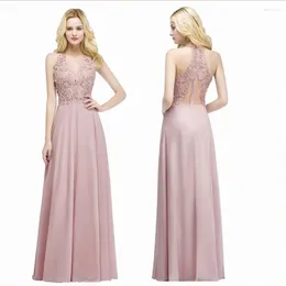 Party Dresses Dusty Pink Halter Neck Lace Pearls Evening Long Sexy Open Back Chiffon Formal Prom Gowns Vestido De Gala Jurken