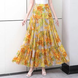 Skirts Spring Summer Yellow Floral Maxi Long Chiffon Boho Big Swing Patchwork A-line Ankle Length Beach